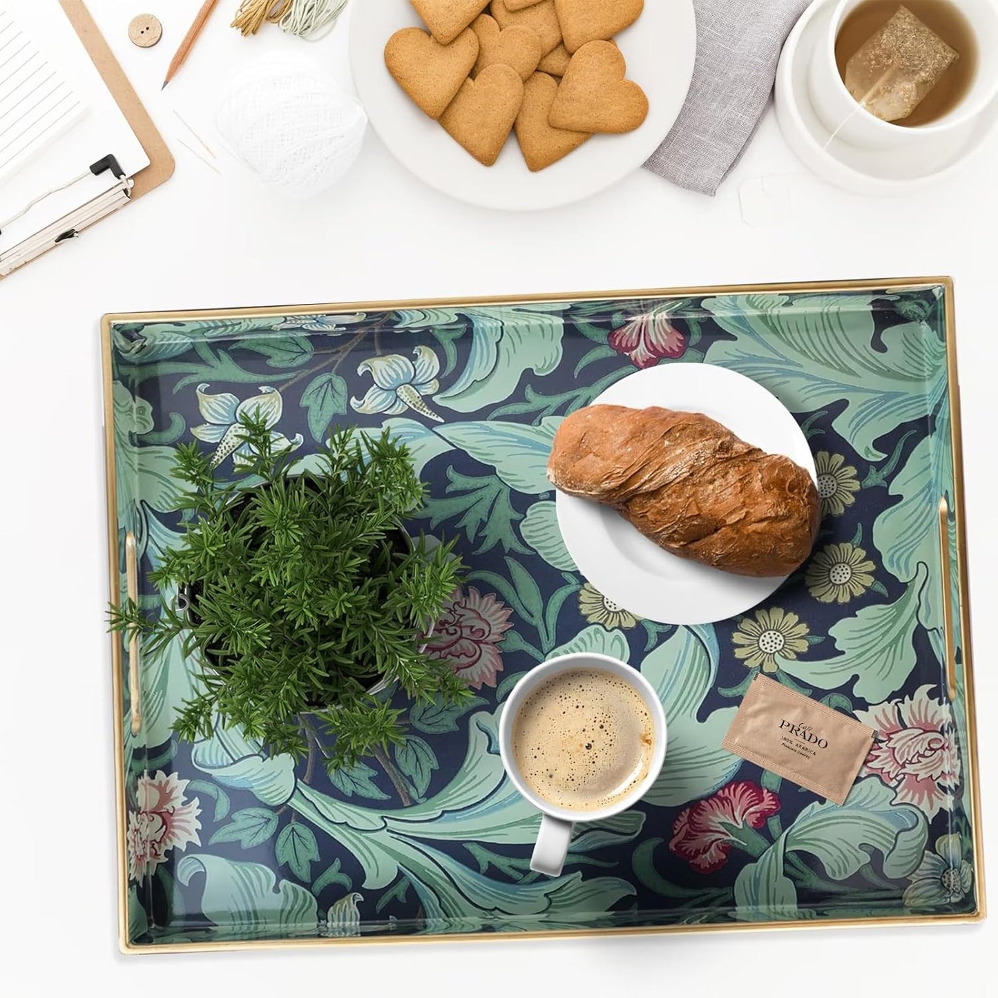 Spsyrine Serving Tray with Handles, Plastic Decorative Tray for Coffee Table, Living Room, Home Decor, Dianthus