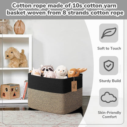 Goodpick Woven Storage Basket, Cotton Rope Basket for Dog Toys, Books, Stylish Gift Basket with Handles, 13 x 10 x 9 Inches Square Baskets for Organizing, Brown and White