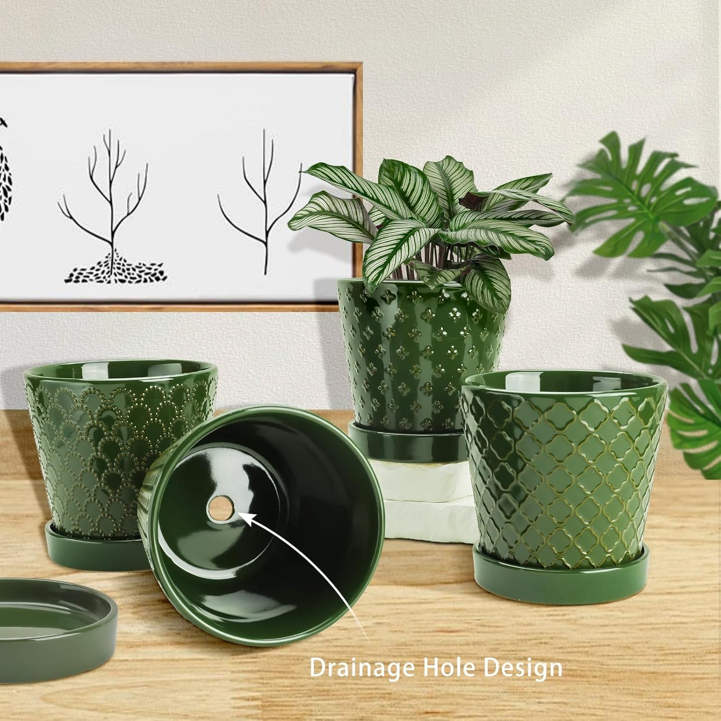 EFISPSS Flower Planter –5 inch Ceramic Plant Pots with Drainage Hole and Ceramic Tray - Gardening Home Desktop Office Windowsill Decoration Gift Set of 4 - Plants NOT Included