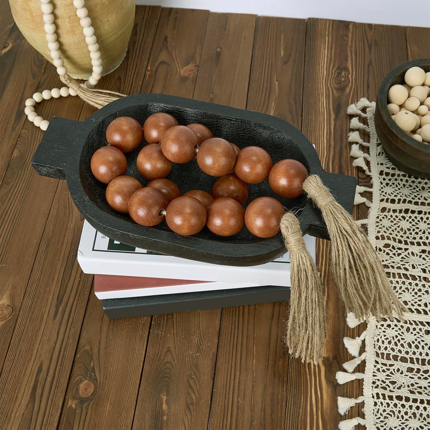 OMISHE Extra Large Wood Bead Garland with 1.6" Diameter Wooden Beads and Tassels, 41" Long Rustic Farmhouse Country Decorative Beads for Home Tiered Tray Decor, Natural Beige