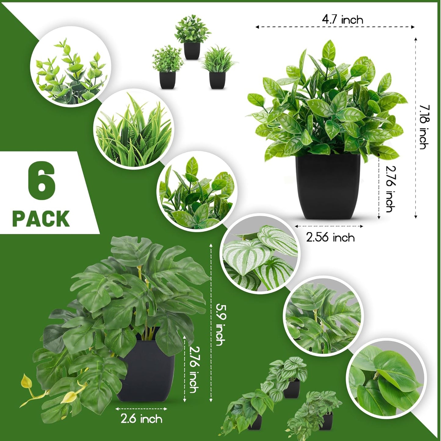 Der Rose 6 Pack Fake Plants Small Artificial Potted Plants Faux Plants for Home Office Desk Bathroom Aesthetic Farmhouse Room Decor Indoor