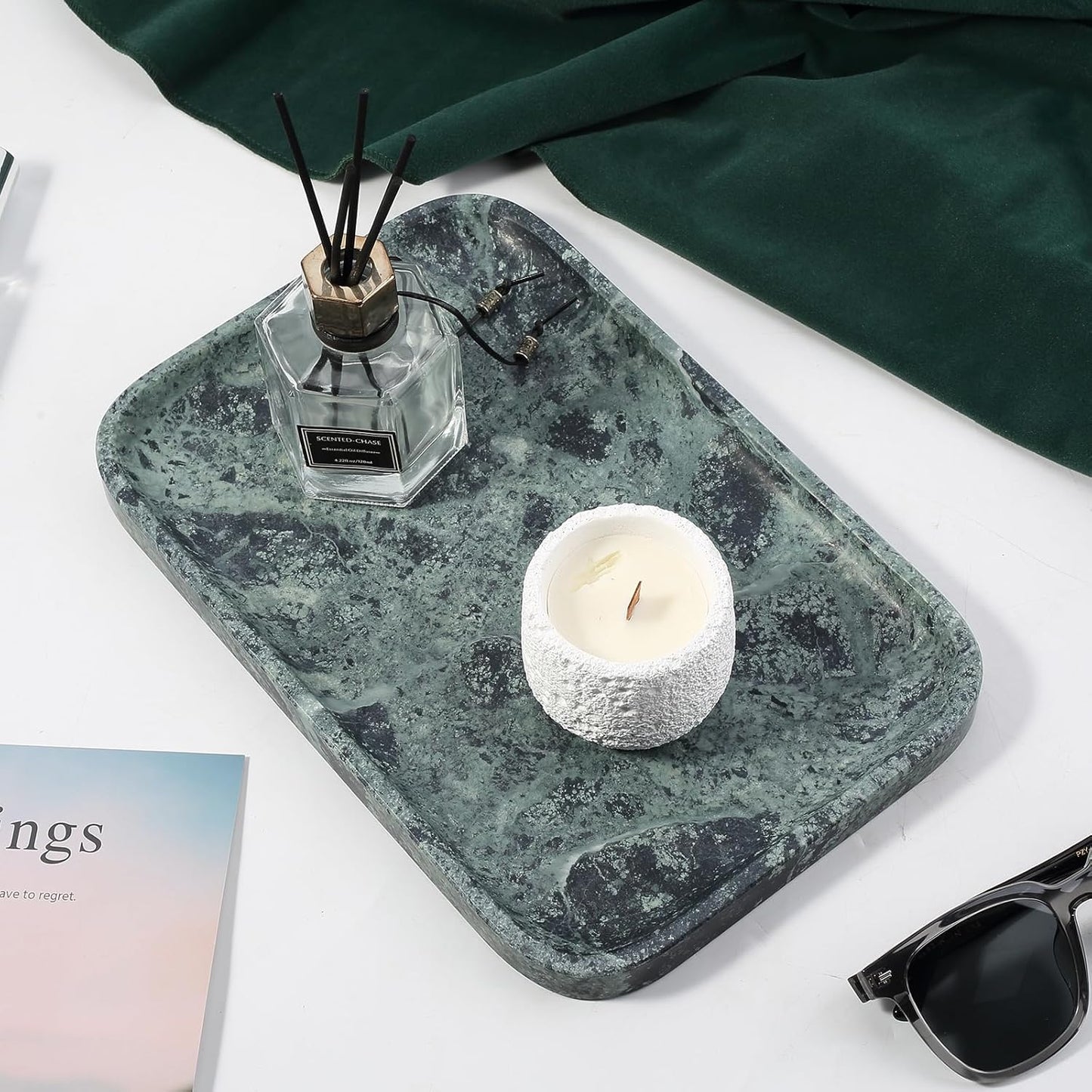 Koville Romano Travertine Tray, 12"x8" Natural Stone Vanity Tray for Countertop Bathroom Kitchen Dresser, Decorative Marble Catchall Trays for Perfume Jewelry, Rectangular Serving Tray(Beige)