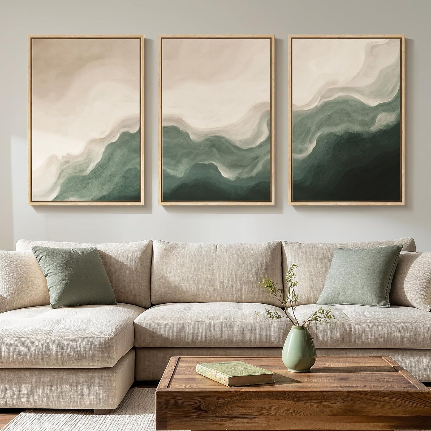 Large Framed Abstract Nature Landscape Wall Art for Living Room, Set of 3 Modern Canvas Prints Paintings Artwork for Walls, Green Lake Pictures for Hallway, Dining Room, Office Wall Decor 24x36 Inch