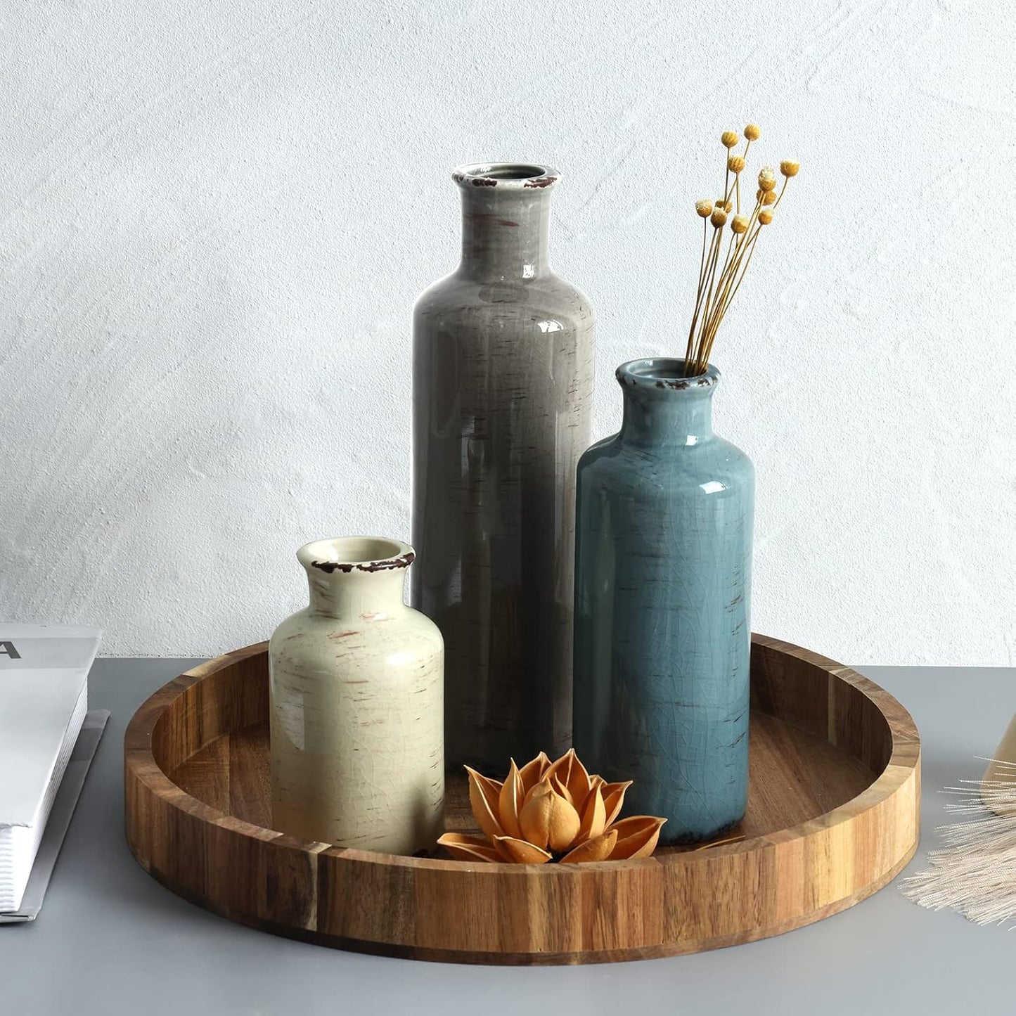 Modern Ceramic Vase Set of 5, Vases Home Decor Rustic Farmhouse Decorative Vase Pottery Vases for Bouquet Pampas Grass Dried Fresh Flowers, Table Living Room Kitchen Bedroom