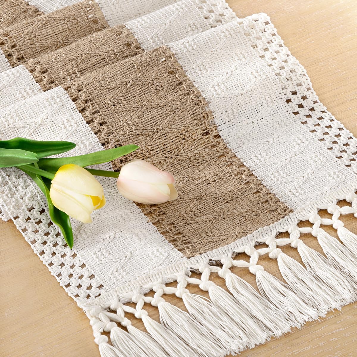 Socomi Boho Table Runner Summer Farmhouse Rustic Dining Kitchen Centerpiece Decor Small Macrame Woven Cotton Linen Coffee Table Runner for Dresser Scarf Home Decor 12x36 inch Beige