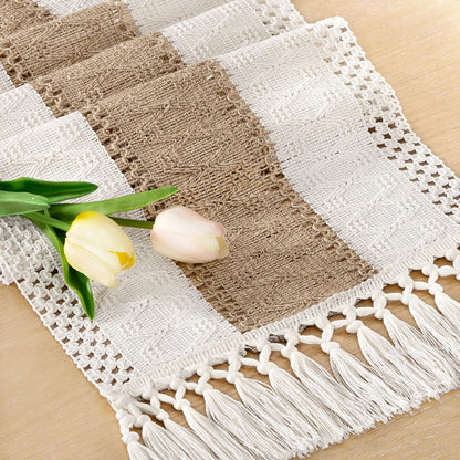 Socomi Boho Table Runner Summer Farmhouse Rustic Dining Kitchen Centerpiece Decor Small Macrame Woven Cotton Linen Coffee Table Runner for Dresser Scarf Home Decor 12x36 inch Beige