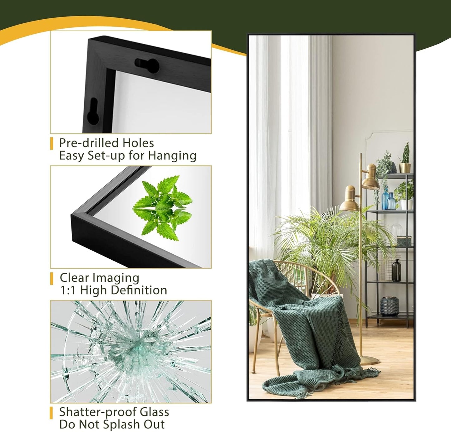NicBex Full Length Mirror with Stand, 56"x19" Aluminum Alloy Frame Floor Mirror, Black, Shatter-Proof Glass - Free Standing, Leaning Against Wall or Wall-Mounted, for Bedroom Living Room Dressing Room