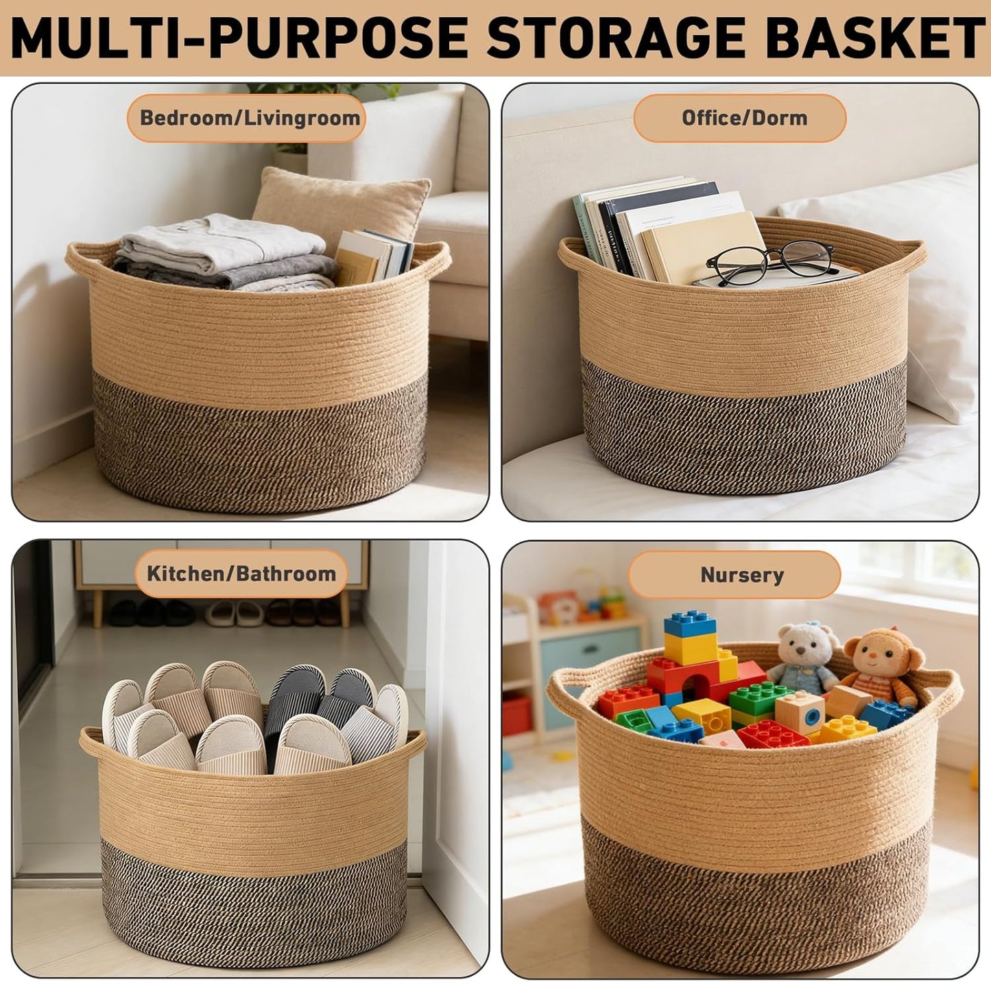 Large Woven Blanket Basket,65L Cotton Rope Laundry Basket Hamper with Handles, Decorative Nursery Basket Storage Bin for Toys, Clothes Organizer, Living Room, Bedroom, Bathroom, White & Brown
