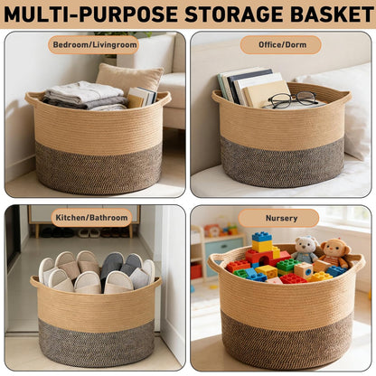 Large Woven Blanket Basket,65L Cotton Rope Laundry Basket Hamper with Handles, Decorative Nursery Basket Storage Bin for Toys, Clothes Organizer, Living Room, Bedroom, Bathroom, White & Brown