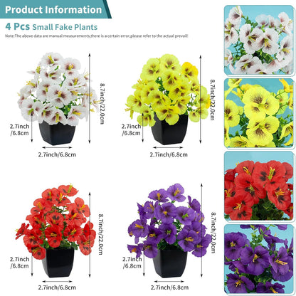 LOYWREE 4 Pack Small Artificial Mums Flowers in White Pots, Fake Mini Potted Plants, Spring Floral Decor for Home Bathroom Shelves Office Desk Table Centerpiece Indoor Decoration