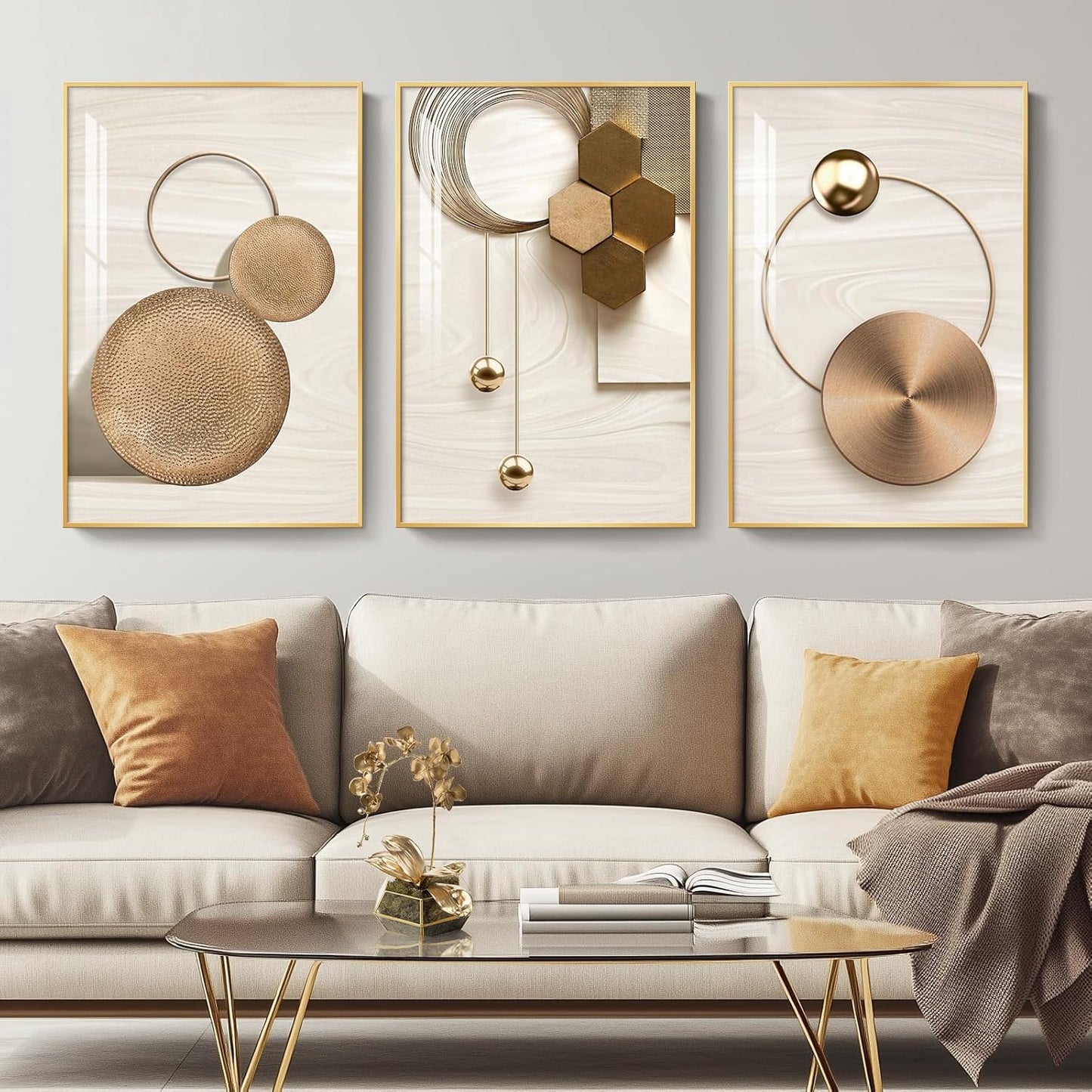 Framed Modern Luxury Gold Wall Art, Set of 3 Piece Contemporary Paintings Artwork for Walls, Golden Prints Pictures with Gold Frame, Wall Decor for Living Room, Hallway, Bedroom, Office 16x24 Inch