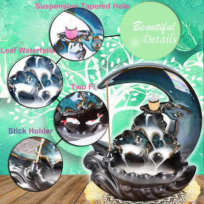 New Moon Backflow Incense Holder, Ceramic Hand-Made Incense Fountain Burner with 100 Backflow Incense Cones，Fragrance Incense Stick，Mat，Aromatherapy Home Decoration