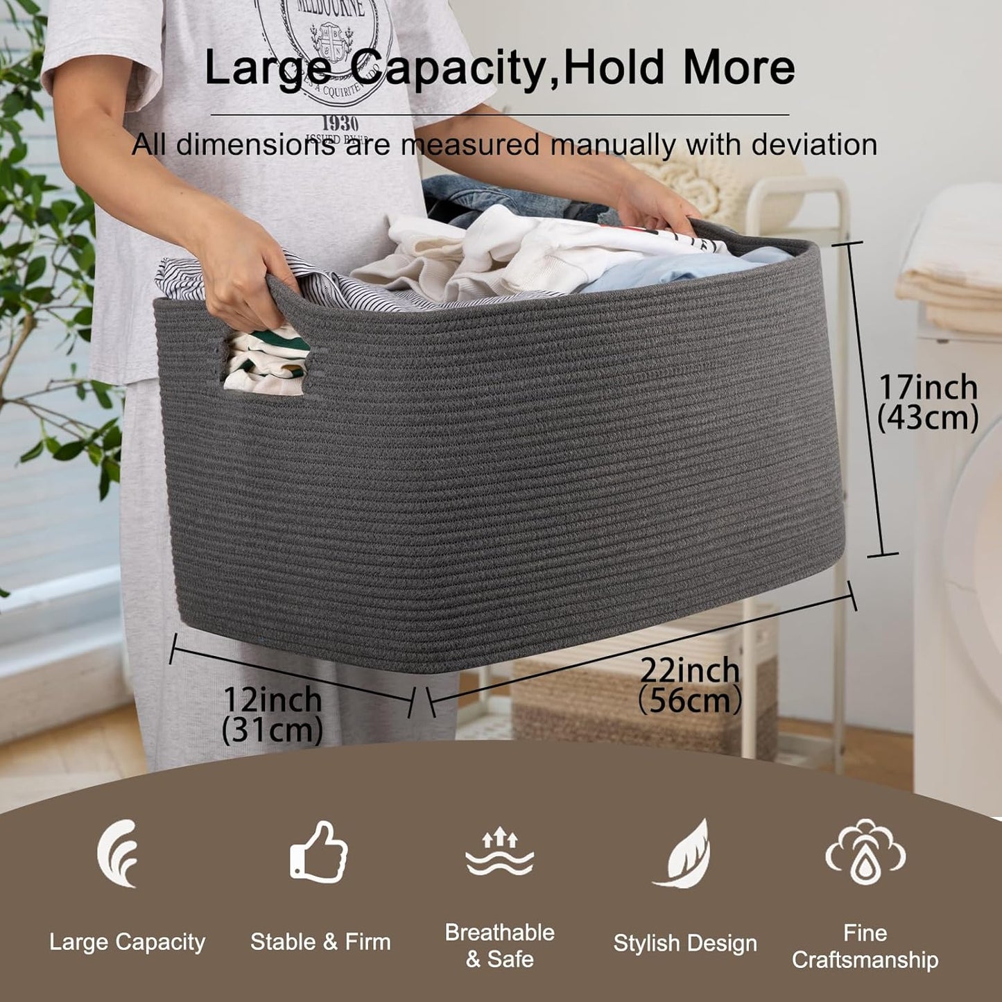 OIAHOMY 75L Large Woven Cotton Rope Storage Basket with Handle for Organizing Blanket and Toys for Living Room, Nursery, Brown Variegated 22”x17”x12”