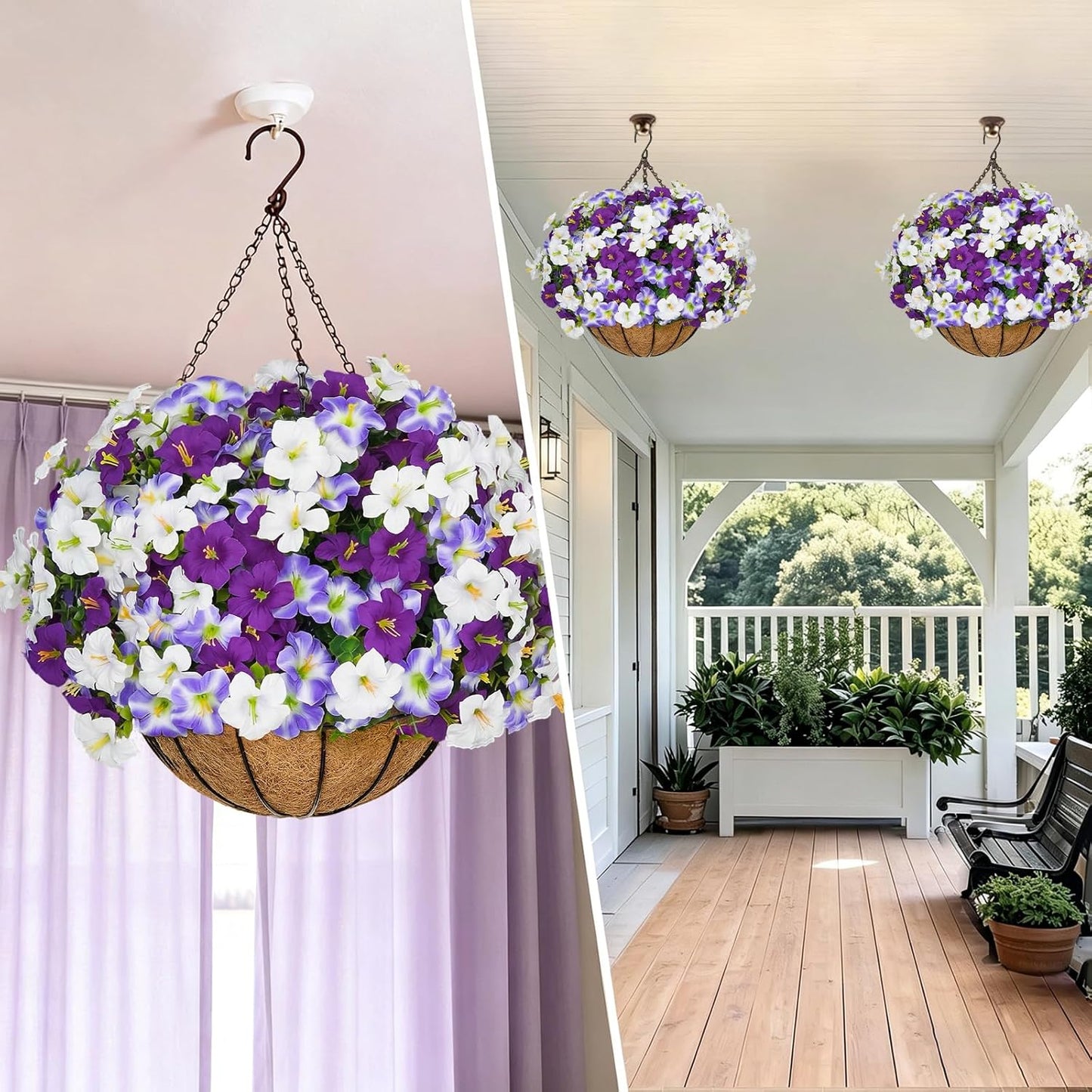 2 Set Artificial Hanging Flowers with Basket for Outdoor Spring Summer Decor, 2 Hanging Planters with 24 Pcs Silk Daisy Flowers for Garden Porch Patio Balcony Decoration