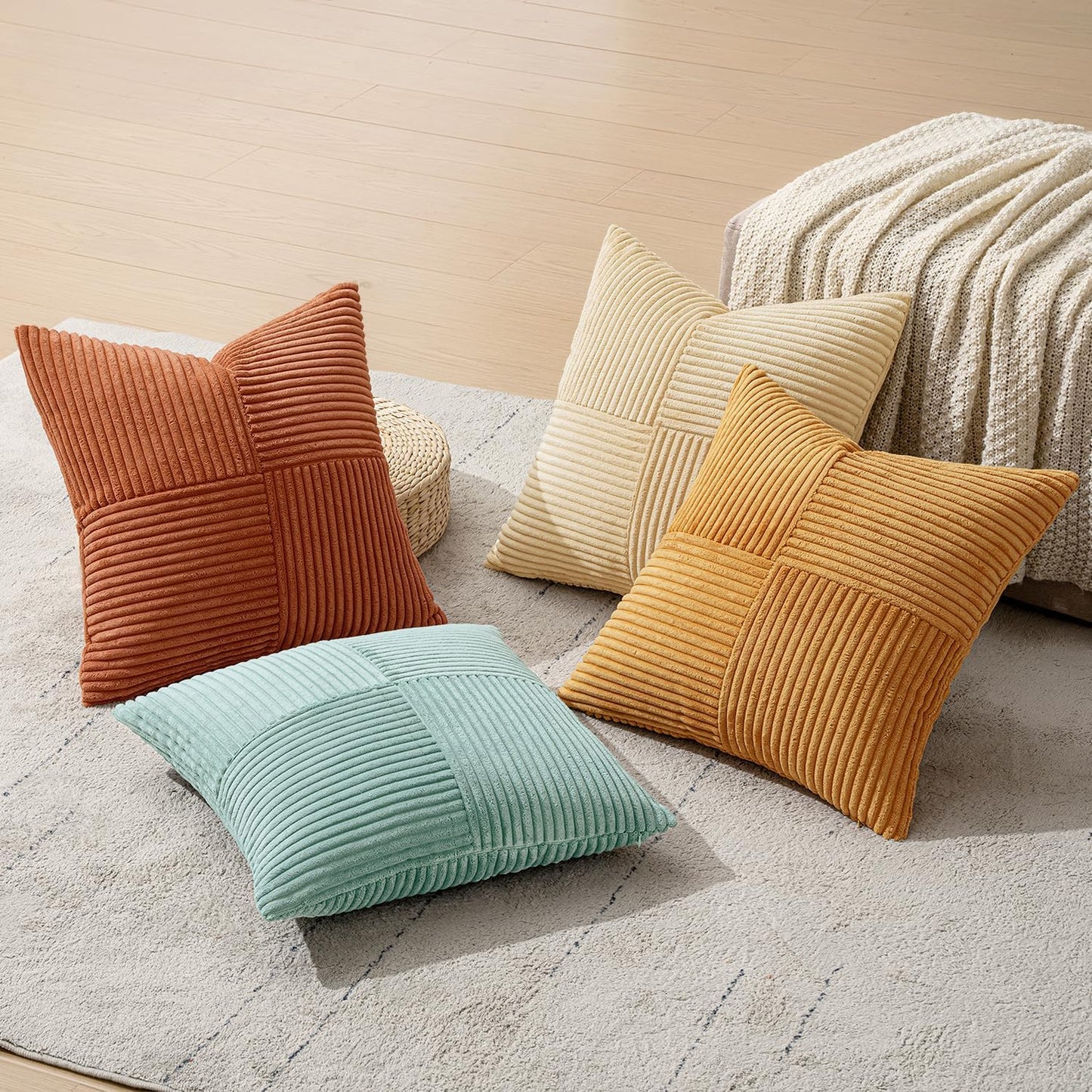 MIULEE Teal Orange Decorative Throw Pillow Covers 18x18 Inch Set of 4 Boho Corduroy Striped Cushion Cases Modern Farmhouse Patchwork Pillow Cases for Couch Sofa Bedroom Home Decor