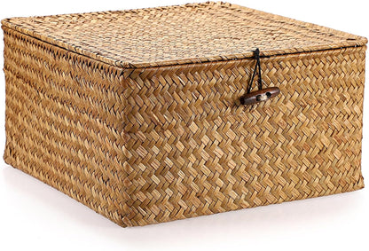 Hipiwe Seagrass Basket with Lid Wicker Storage Basket Square Handwoven Decorative Baskets Box for Shelf Multipurpose Household Baskets Home Decor,X-small