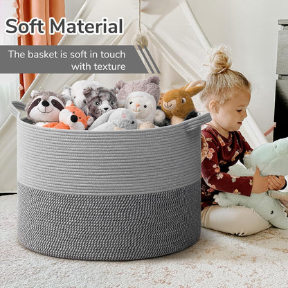 INDRESSME XXXLarge Blanket Basket for Living Room 21.7" x 21.7" x 13.8"-Storage Basket with Handle for Organizing Toy Pillows Woven Cotton Rope Laundry Basket Stuffed Animal Toy Storage for Play Room