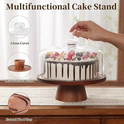 VIVIRBIEN Wooden Cake Stand with Lid, Acacia Cake Stand with Glass Dome, 11-Inch Versatile Dessert Stand with Strong Magnetic Pedestal, Cake Holder for Birthday/Kitchen/Party/Charcuterie