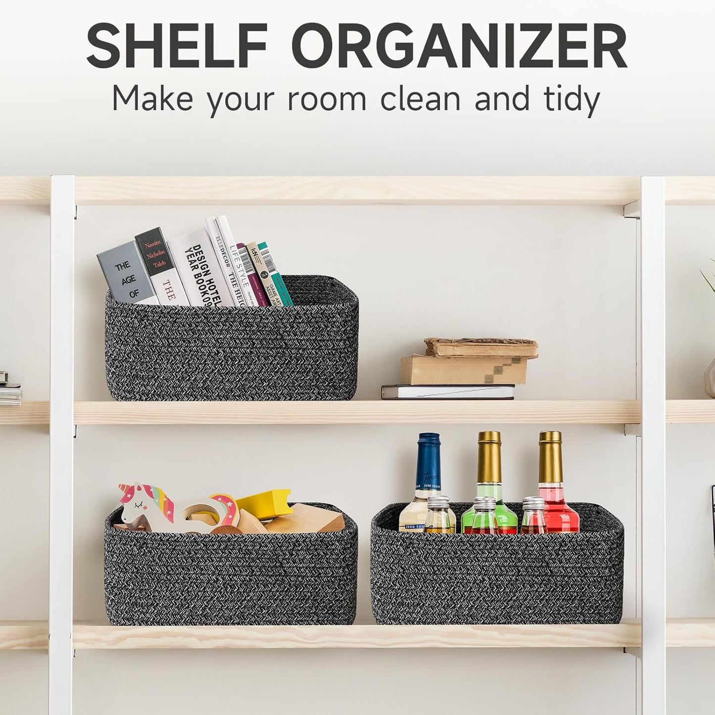 3-Pack Small Storage Baskets for Organizing | Woven Shelf Toy Basket | Rope Baskets for Gifts Empty | Closet Organizer Bins with Handles | Cube Decorative Box | 11.8×7.8×5.1” | Mixed brown