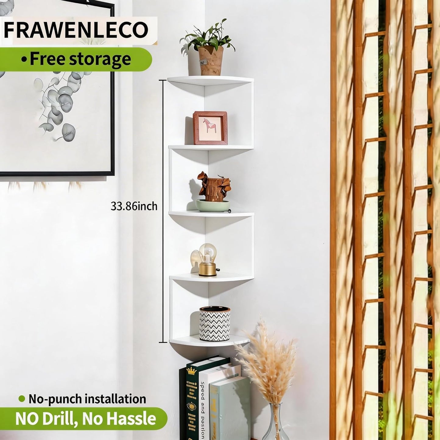 No-Drill Corner Shelf Wall Mount, 5-Tier Floating Corner Bookshelf with Hooks, Space-Saving Zigzag Plant Shelf for Bedroom, Living Room, Bathroom, Home Office