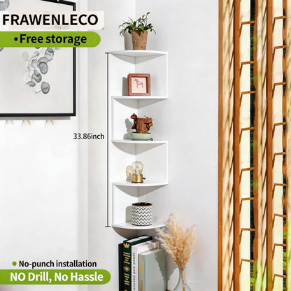 No-Drill Corner Shelf Wall Mount, 5-Tier Floating Corner Bookshelf with Hooks, Space-Saving Zigzag Plant Shelf for Bedroom, Living Room, Bathroom, Home Office
