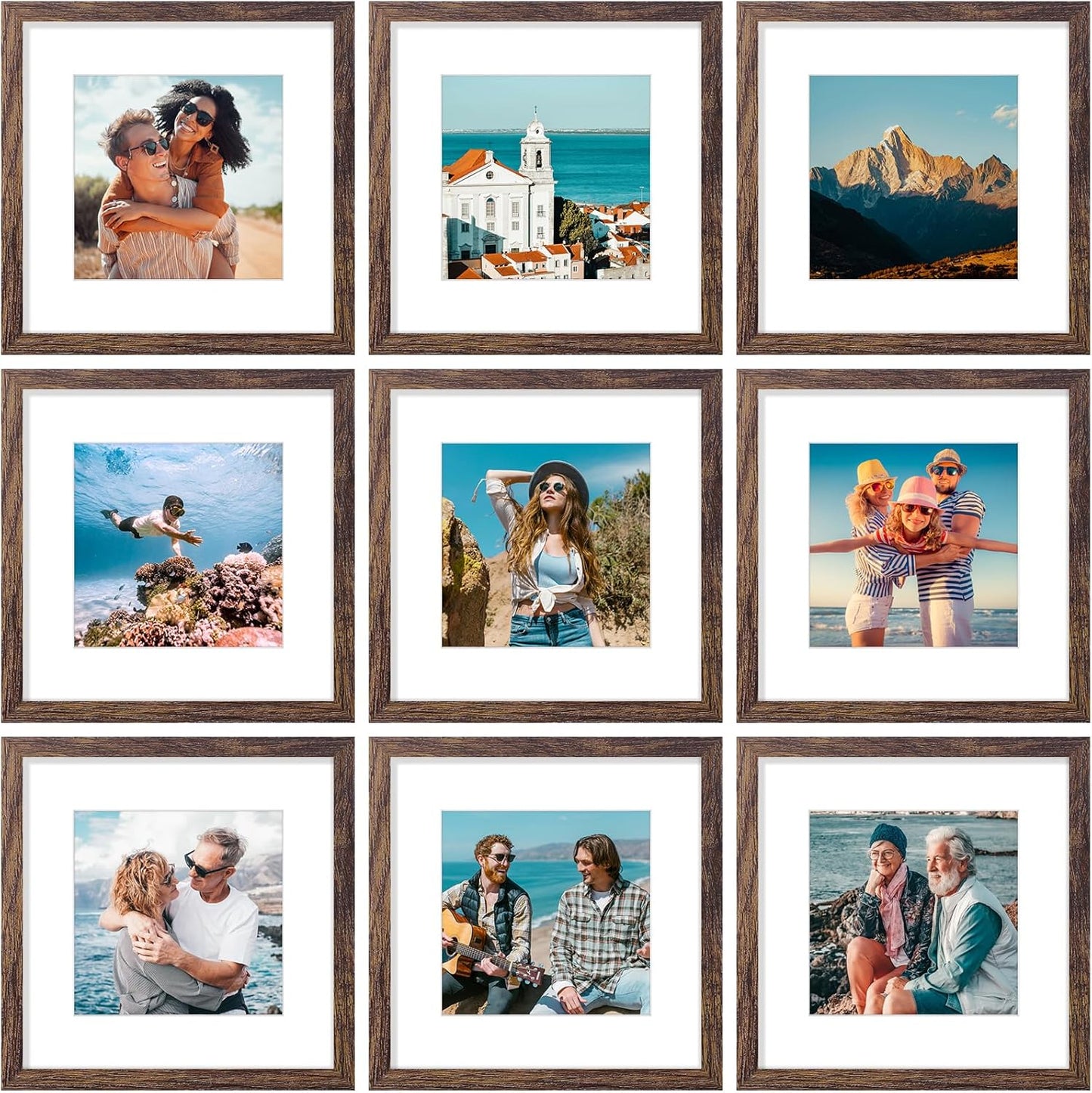 Vittanly 8x10 Picture Frames Set of 9, Shatter Resistant Plexiglass, Display 5x7 Pictures with Mat or 8x10 without Mat, Photo Frames for Wall or Tabletop, Engineered Wood, Black - Colors A