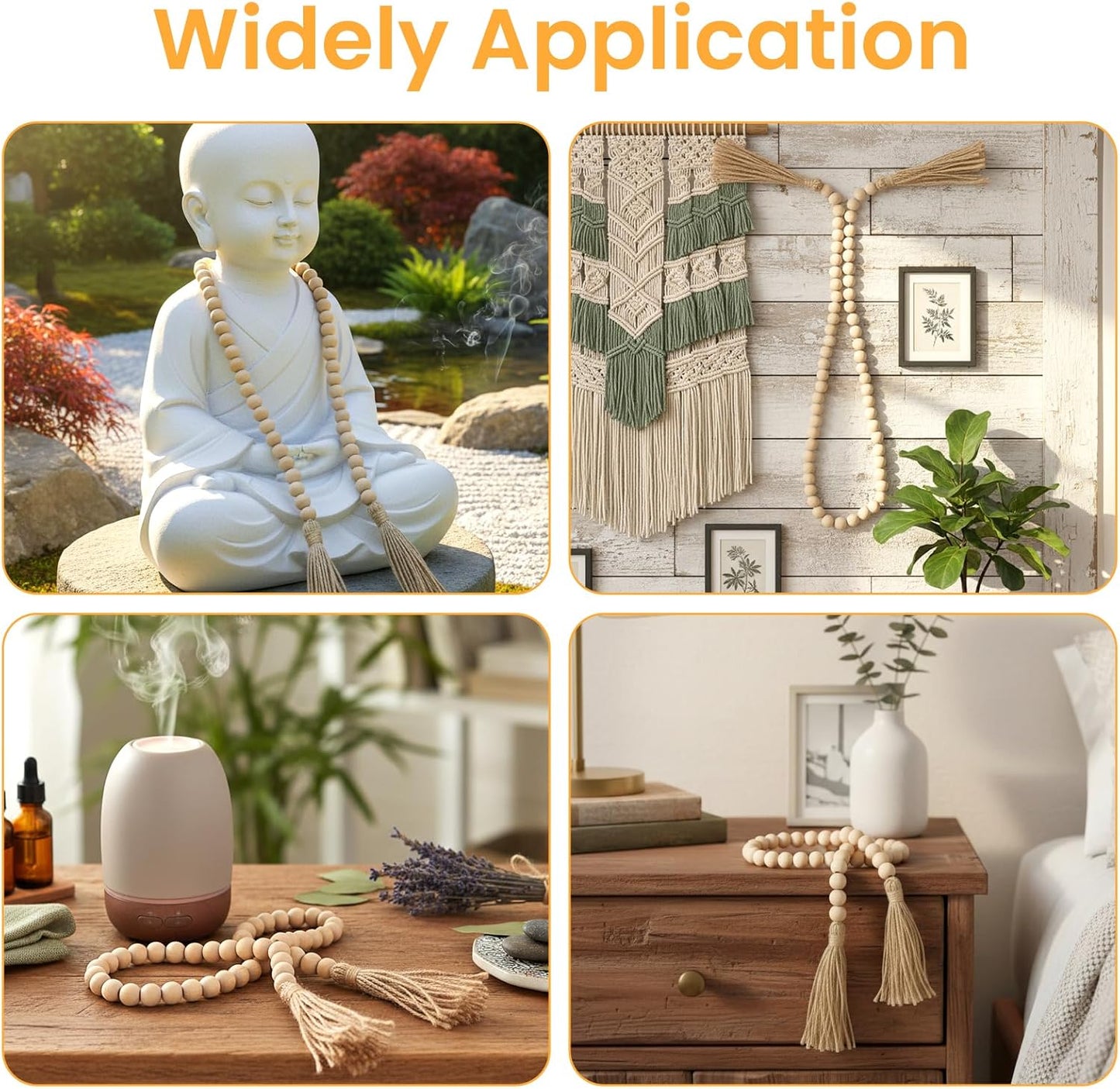 2Pcs 34in Wood Bead Garland with Tassels, Natural Wooden Beads Garland, Boho Decorative Beads Home Decor for Coffee Table, Wall, Shelf, Tray, Vase, Living Room, Bedroom