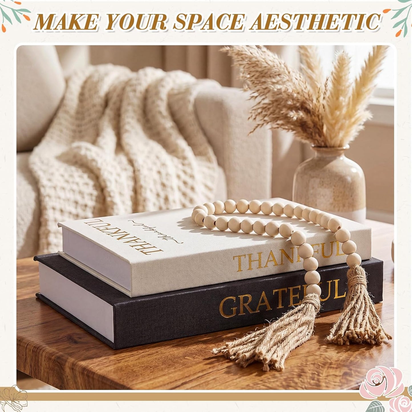 Faccito Set of 2 Linen Decorative Books with Wooden Beaded Garland Tassel Elegant Linen Books Aesthetic Gold Foil Fake Book for Coffee Table Shelf Mantel Storage Boxes(Mint Green)