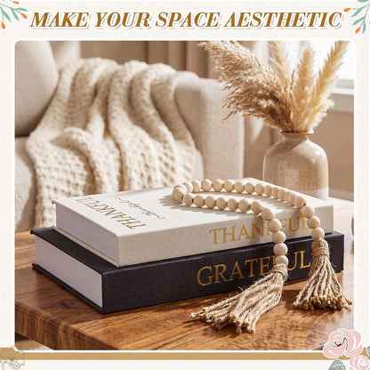 Faccito Set of 2 Linen Decorative Books with Wooden Beaded Garland Tassel Elegant Linen Books Aesthetic Gold Foil Fake Book for Coffee Table Shelf Mantel Storage Boxes(Mint Green)