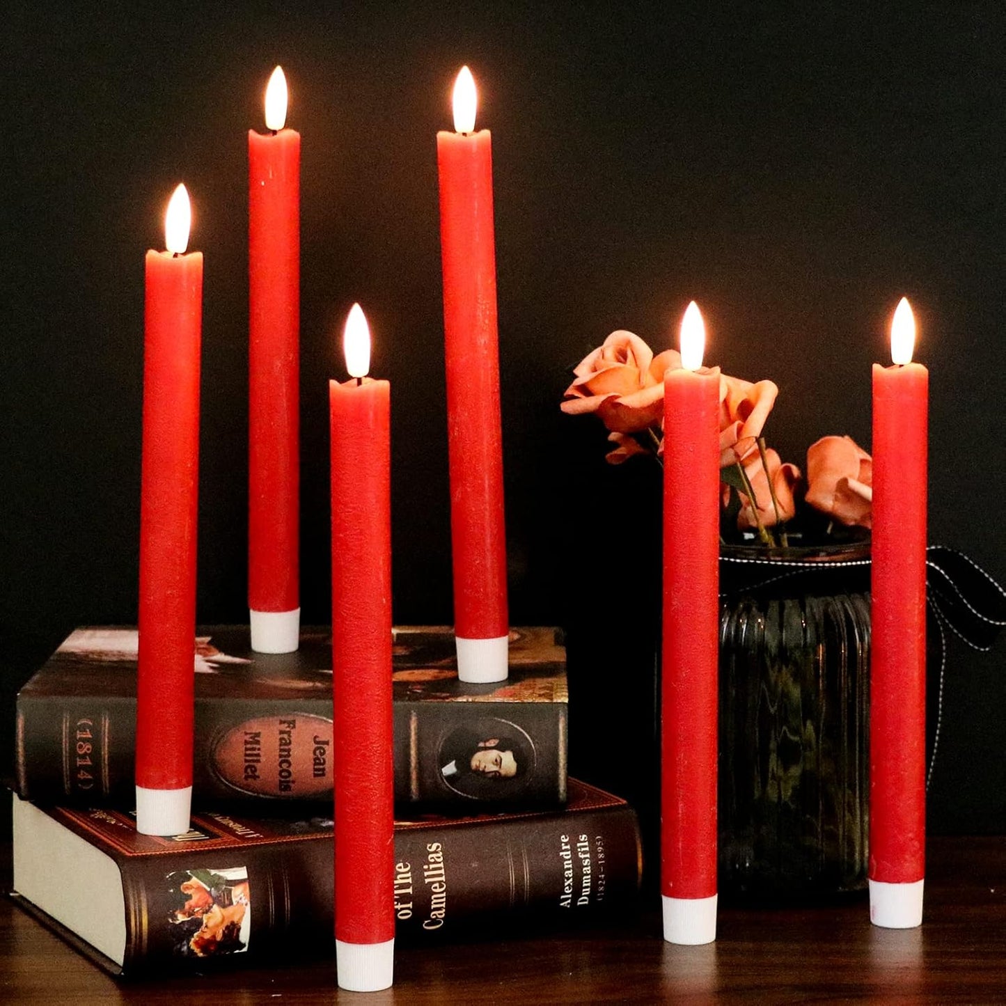 GenSwin Flameless Ivory Taper Candles Flickering with 10-Key Remote, Battery Operated Led Warm 3D Wick Light Window Candles Real Wax Pack of 6, Christmas Home Wedding Decor(0.78 X 9.64 Inch)