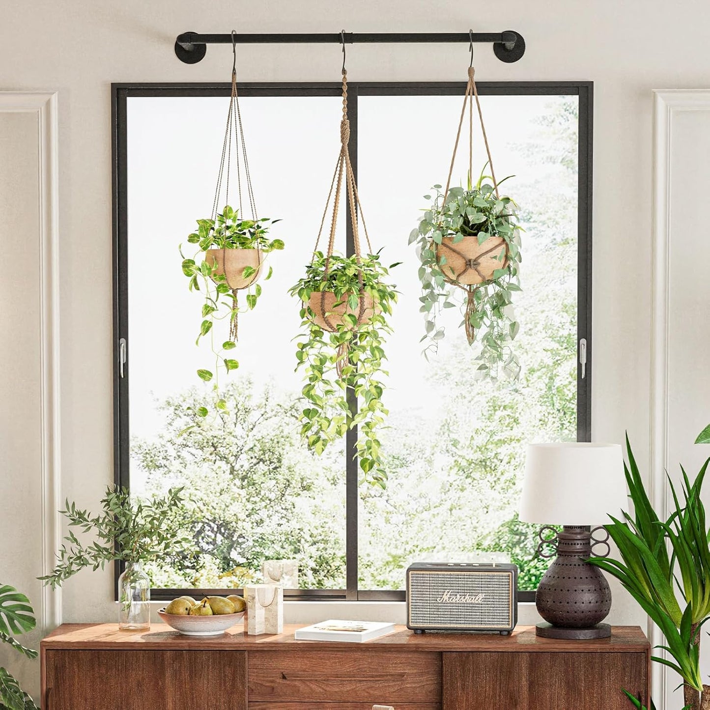 Galood Plant Hanger Indoor with 6 Hanging Chains Hanging Planters for Indoor Plants Hanging Plant Holder Window Plants Rod Black Metal Shelves(70.8 Inch Pot not Included