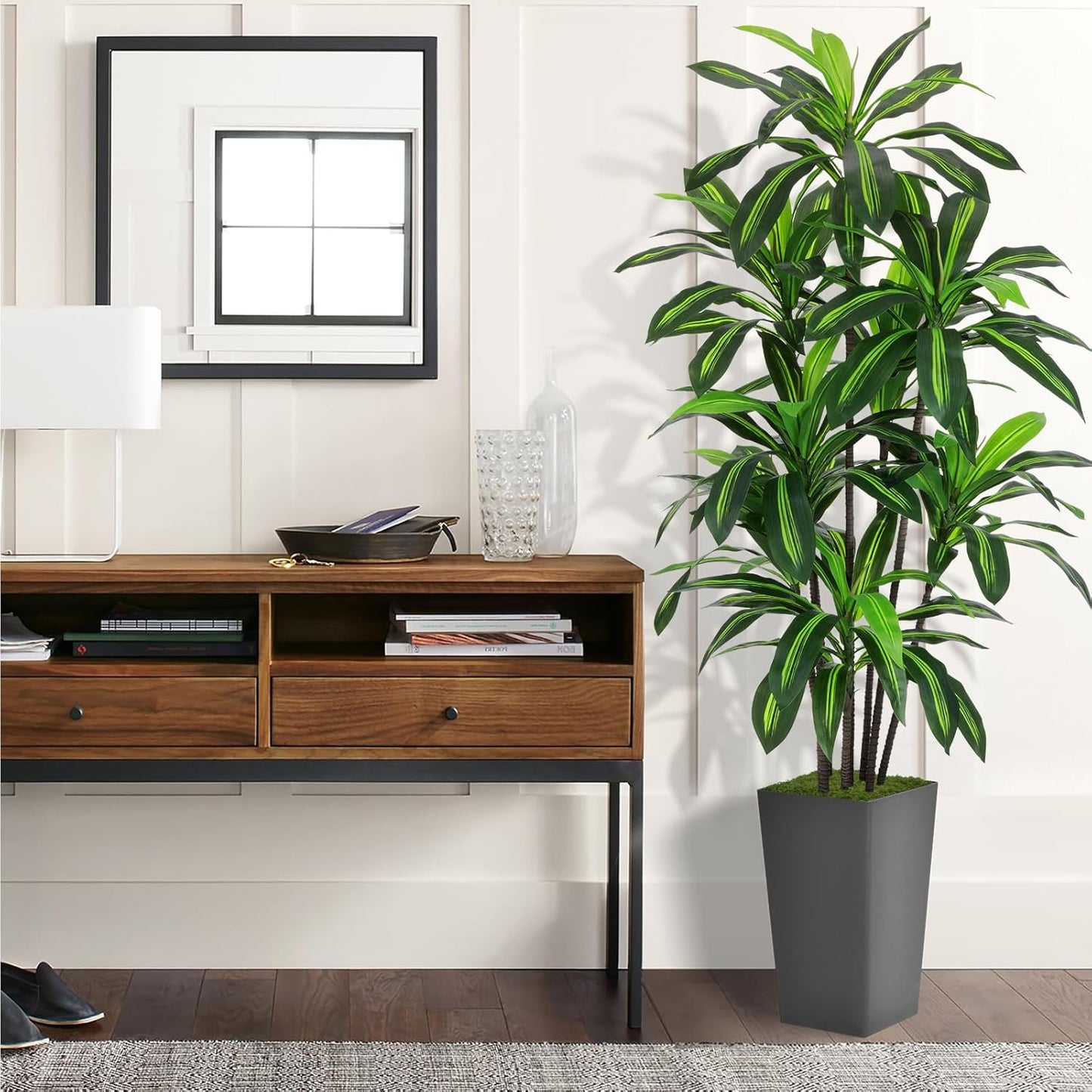 Artificial Dracaena Plant Indoor 5FT - Fake Tree with White Tall Planter - Faux Yucca Tall Fake Floor Plant in Pot - Artificial Trees for Home Office Living Room Decor Indoor