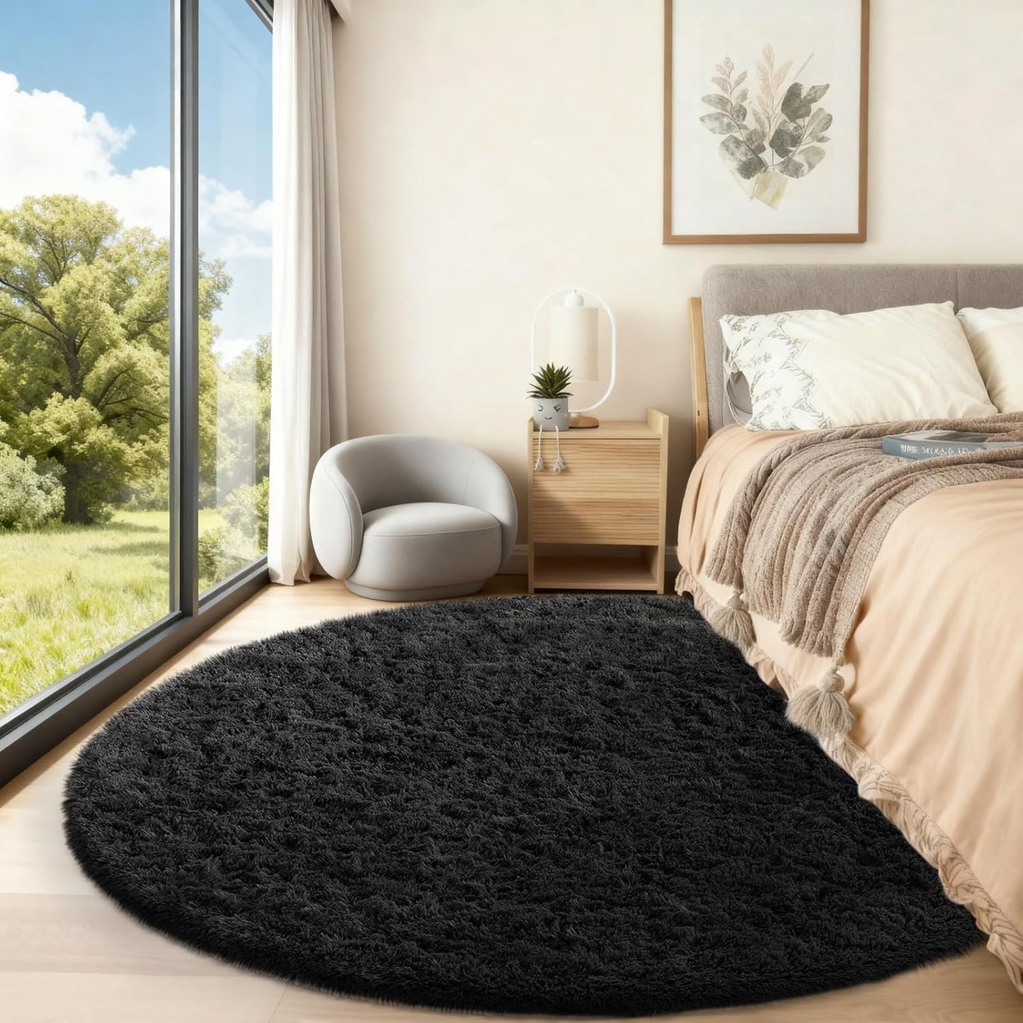 Ophanie Round Rugs 5Ft Ivory Circle Area Rug, Nursery Room Decor, Christmas Aesthetic Bedroom Home Circular Carpet 5 Foot, Fluffy Fuzzy Shag Plush Cream Living Room Rugs for Kids Boys Girls Teen Baby