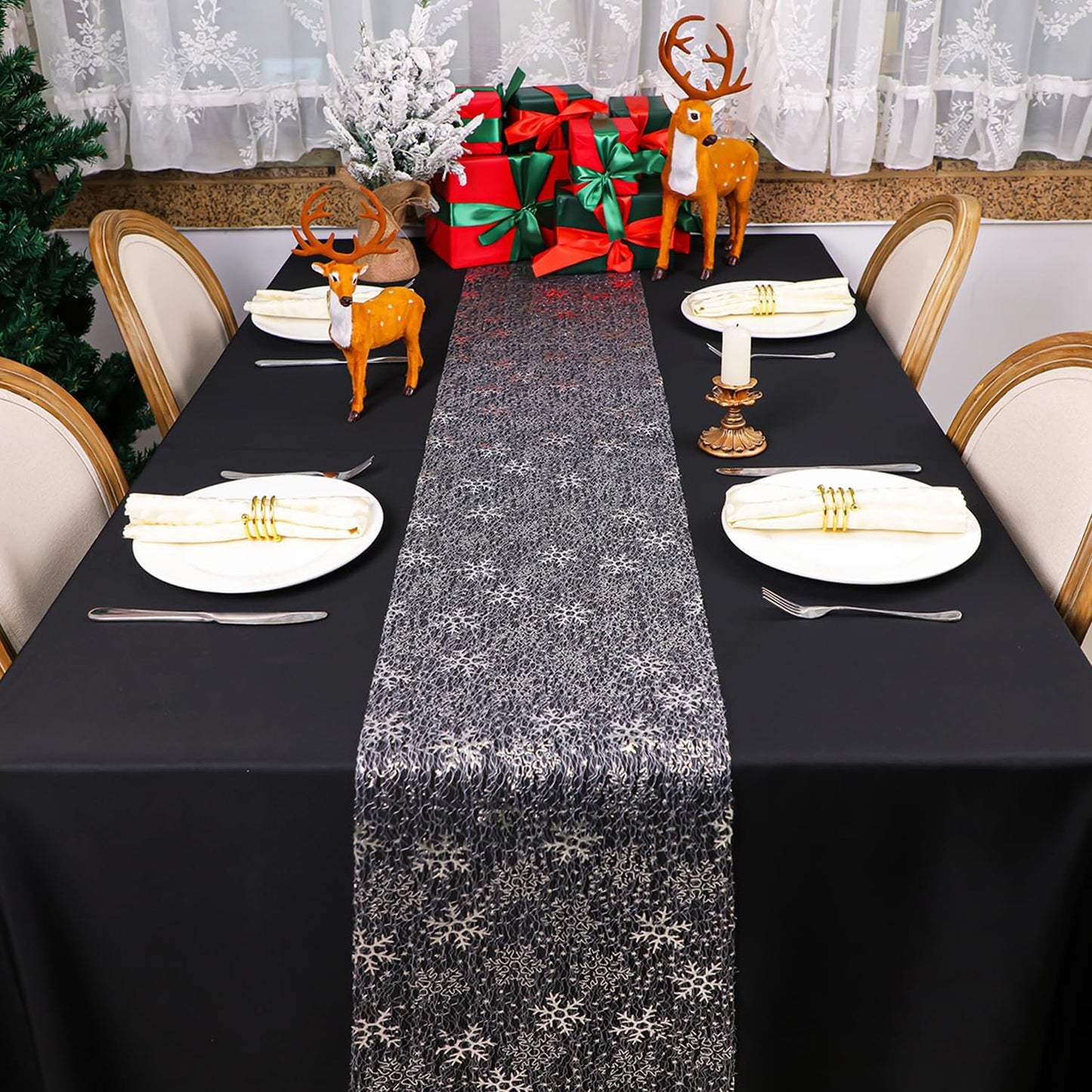 Snowkingdom 2 Pieces Gold Table Runner, Sequin Glitter Foil Metallic Thin Mesh Runner Roll 11"x108", Gold Table Decorations for Event Party, Wedding, Birthday Party, Christmas