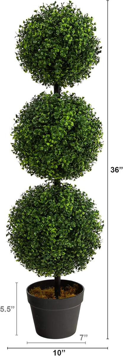 Nearly Natural 36in Artificial Triple Ball Boxwood Topiary Tree - Indoor Outdoor Realistic Faux Greenery for Home Patio Office Decor, Low Maintenance