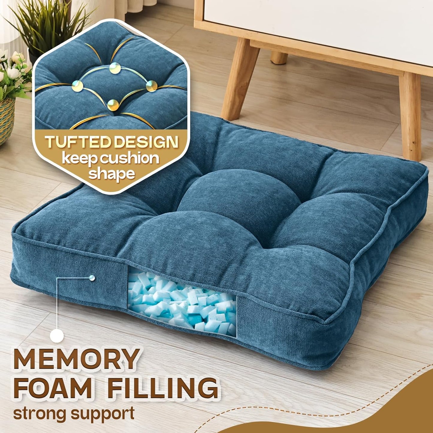 1 MIDDLE ONE Floor Pillow Set of 2, Memory Foam Floor Cushions for Adults, Large Meditation Pillow for Sitting, 22 x 22 Inches (Square | Grey)