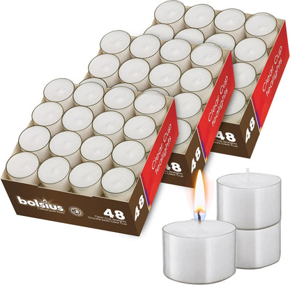 BOLSIUS 48 Unscented Tea Lights in Clear Cups - 8 Burn Hours - Premium European Quality - Consistent Smokeless Flame - 100% Cotton Wick - Dinner, Wedding, Party, Spa, Church, & Home Décor Tealights