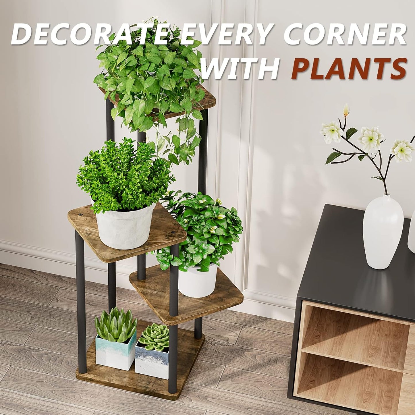AZERPIAN Plant Stand 5 Tier Indoor Metal Flower Shelf for Multiple Plants Corner Tall Flower Holders for Patio Garden Living Room Balcony Bedroom, Black (5 Tier-Black)