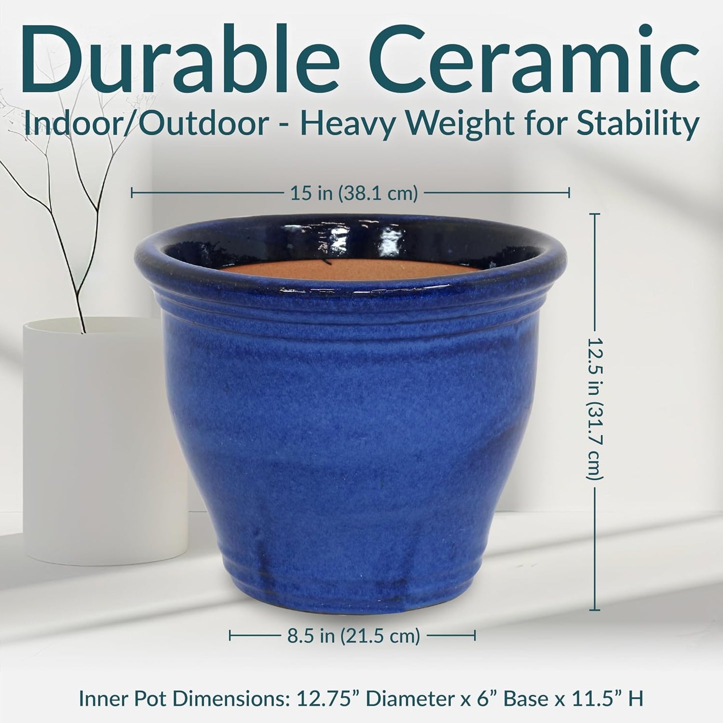 Sunnydaze Large Ceramic Plant Pot - Round Outdoor Glazed Ceramic Planter Pot with Drainage - Studio - Imperial Blue - 18.5"