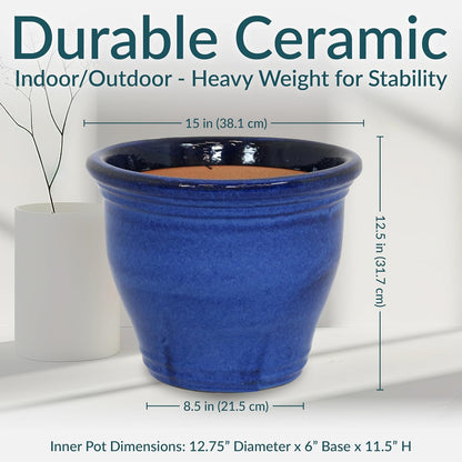 Sunnydaze Large Ceramic Plant Pot - Round Outdoor Glazed Ceramic Planter Pot with Drainage - Studio - Imperial Blue - 18.5"