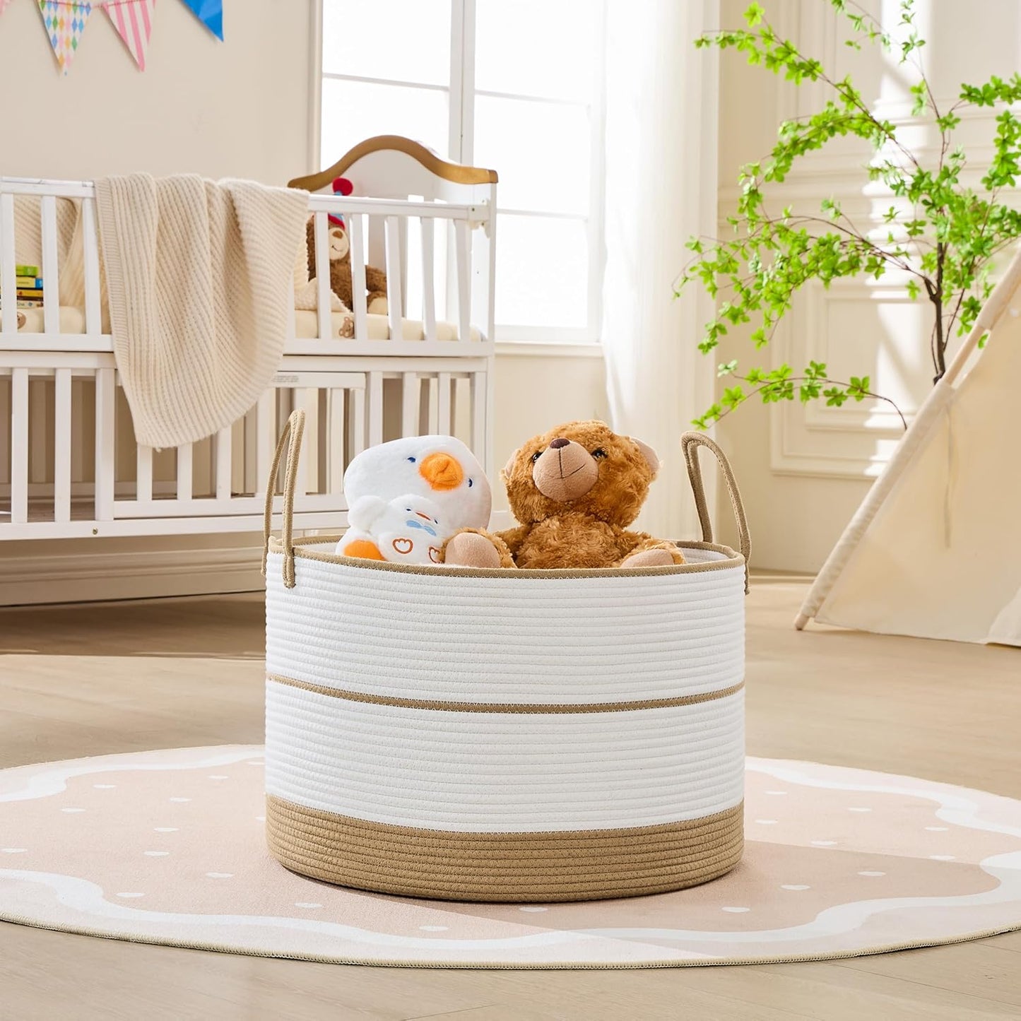 KAKAMAY Large Blanket Basket (20"x13"),Woven Baskets for storage Baby Laundry Hamper, Cotton Rope Blanket Basket for Living Room, Laundry, Nursery, Pillows, Baby Toy chest (White/Brown)