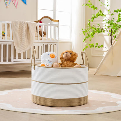KAKAMAY Large Blanket Basket (20"x13"),Woven Baskets for storage Baby Laundry Hamper, Cotton Rope Blanket Basket for Living Room, Laundry, Nursery, Pillows, Baby Toy chest (White/Brown)