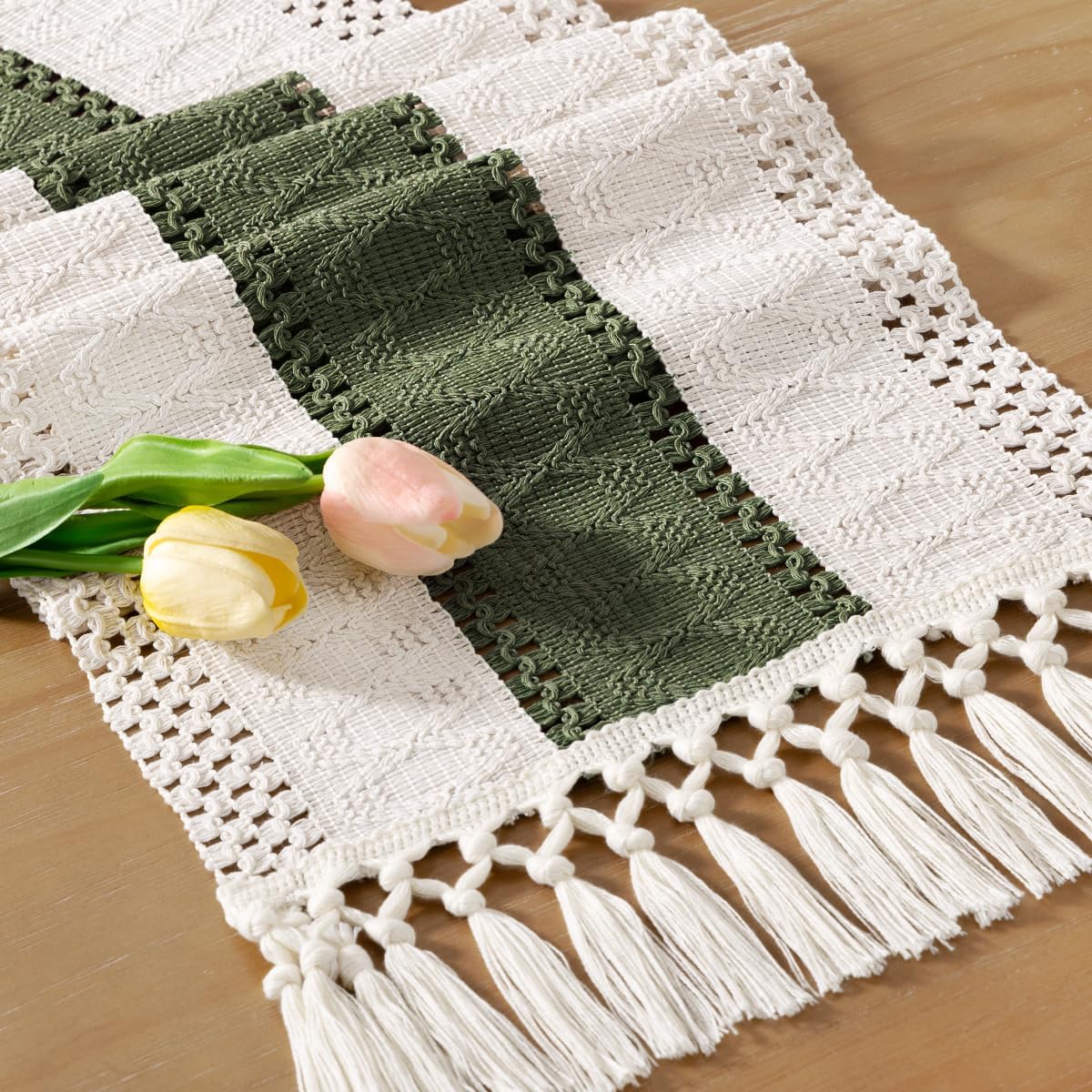 Socomi Boho Table Runner Summer Farmhouse Rustic Dining Kitchen Centerpiece Decor Small Macrame Woven Cotton Linen Coffee Table Runner for Dresser Scarf Home Decor 12x36 inch Beige