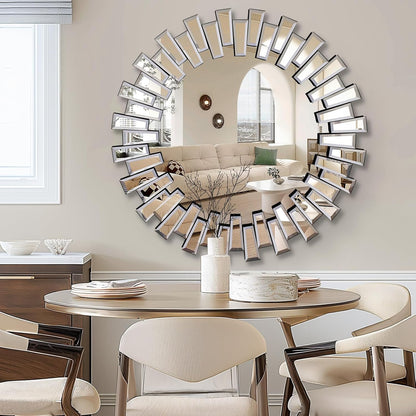 QDSSDECO Round Mirror Sunburst Wall Mirror 24" Beveled Edge Frameless for Living Room Bathroom Bedroom Entryway Decor