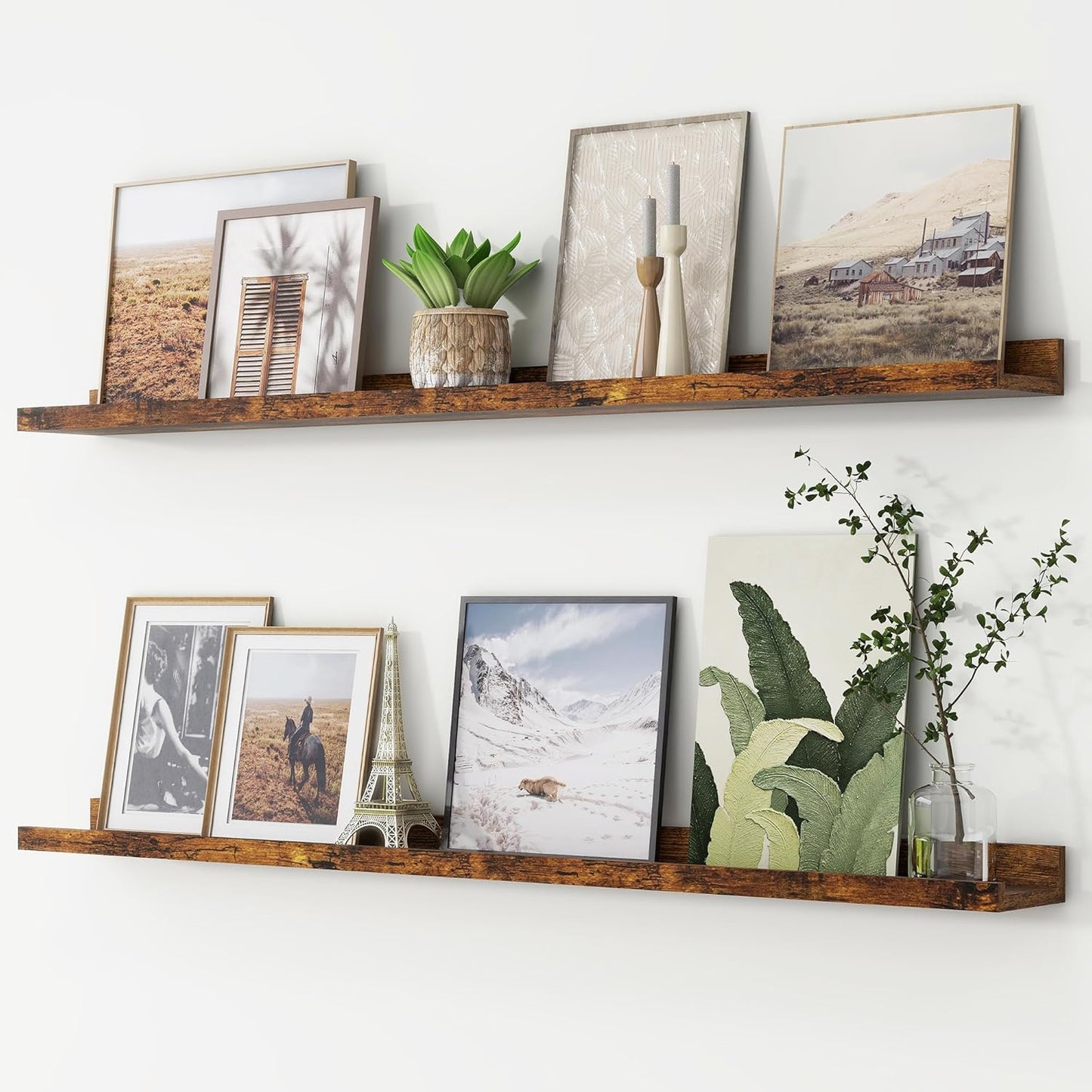 FLYJOE Picture Ledge Shelf, Floating Shelves Set of 2, 48 Inches Long Large Nursery Book Shelves for Toys Storage, Kids Bookshelf Wall Mounted for Living Room Bedroom Decor Books Photo Frames, Walnut