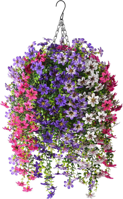 INQCMY Artificial Fake Hanging Plants Flowers Basket for Spring Summer Outdoor Outside Porch Decoration,UV Resistant Faux Silk Violet in Planter for Home Patio Balcony Garden Yard Decor(Red)