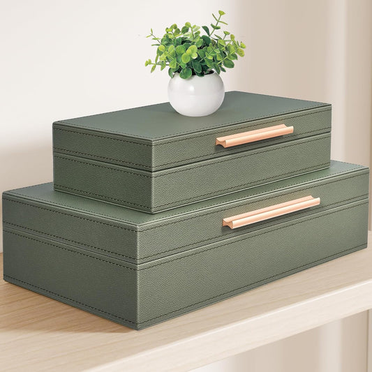 Decorative Box, Decorative Boxes with Lids 2-Set, Memory Box for Keepsakes, Beautiful PU Leather Decorative Storage Boxes in Style, Decor Box with Gold Metal Handles, Store Photos, Documents Green