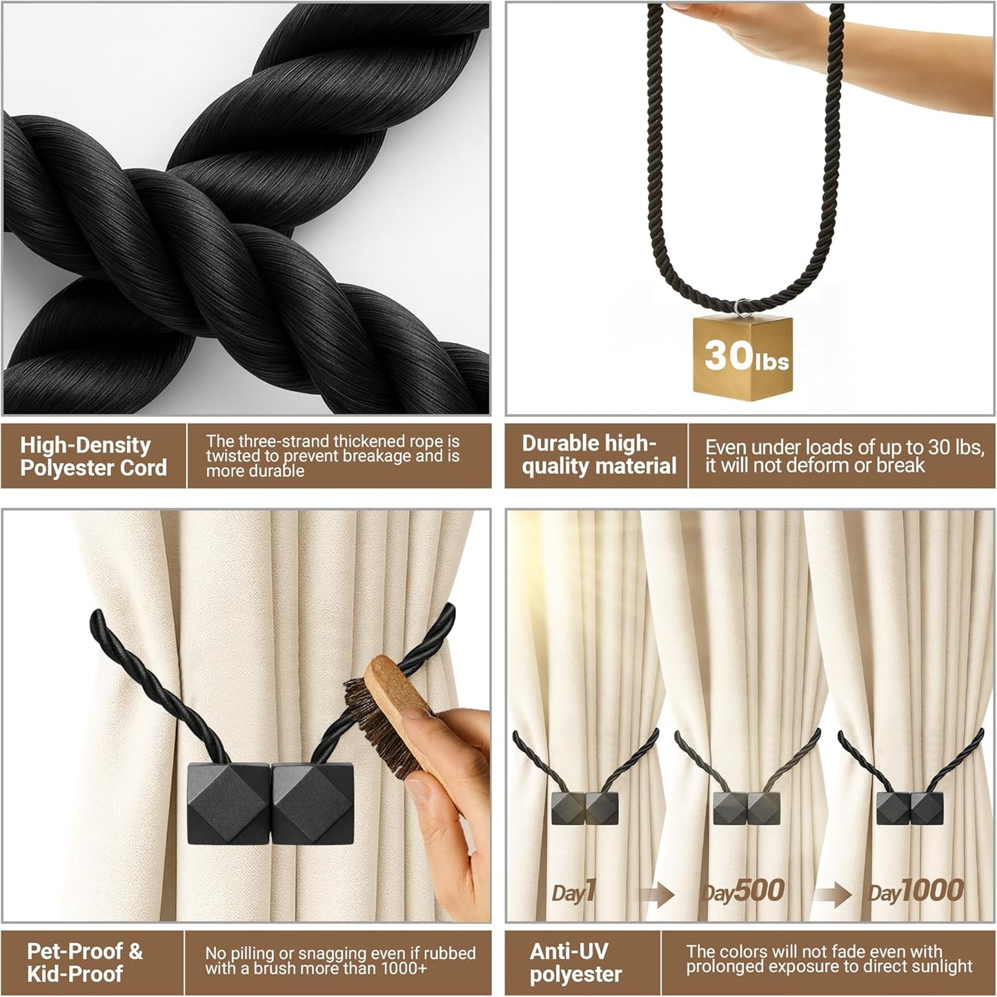 Hion Magnetic Curtain Tiebacks Black 2pcs, Curtain Tiebacks Buckles Holdbacks Holders Hooks Clip for Home Outdoor Bedroom Office Decorative Curtain