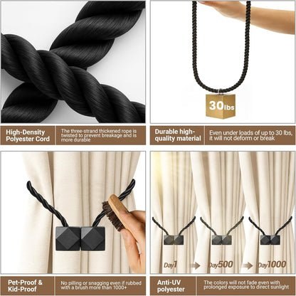 Hion Magnetic Curtain Tiebacks Black 2pcs, Curtain Tiebacks Buckles Holdbacks Holders Hooks Clip for Home Outdoor Bedroom Office Decorative Curtain