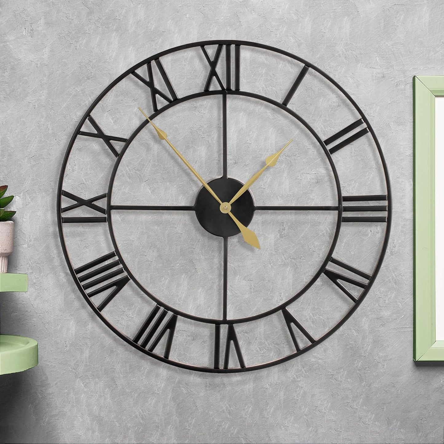LEIKE 16" Large Wall Clocks Battery Operated, Round Modern Silent Non-Ticking Black Metal Wall Clock for Living Room Decor, Bedroom Kitchen (40cm Diameter, Black Roman Number)